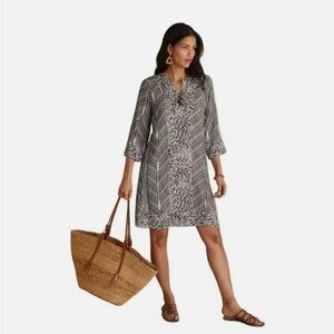 Soft Surroundings Raven Shift Black and White Dress  3/4 Sleeve Ikat Print Rayon